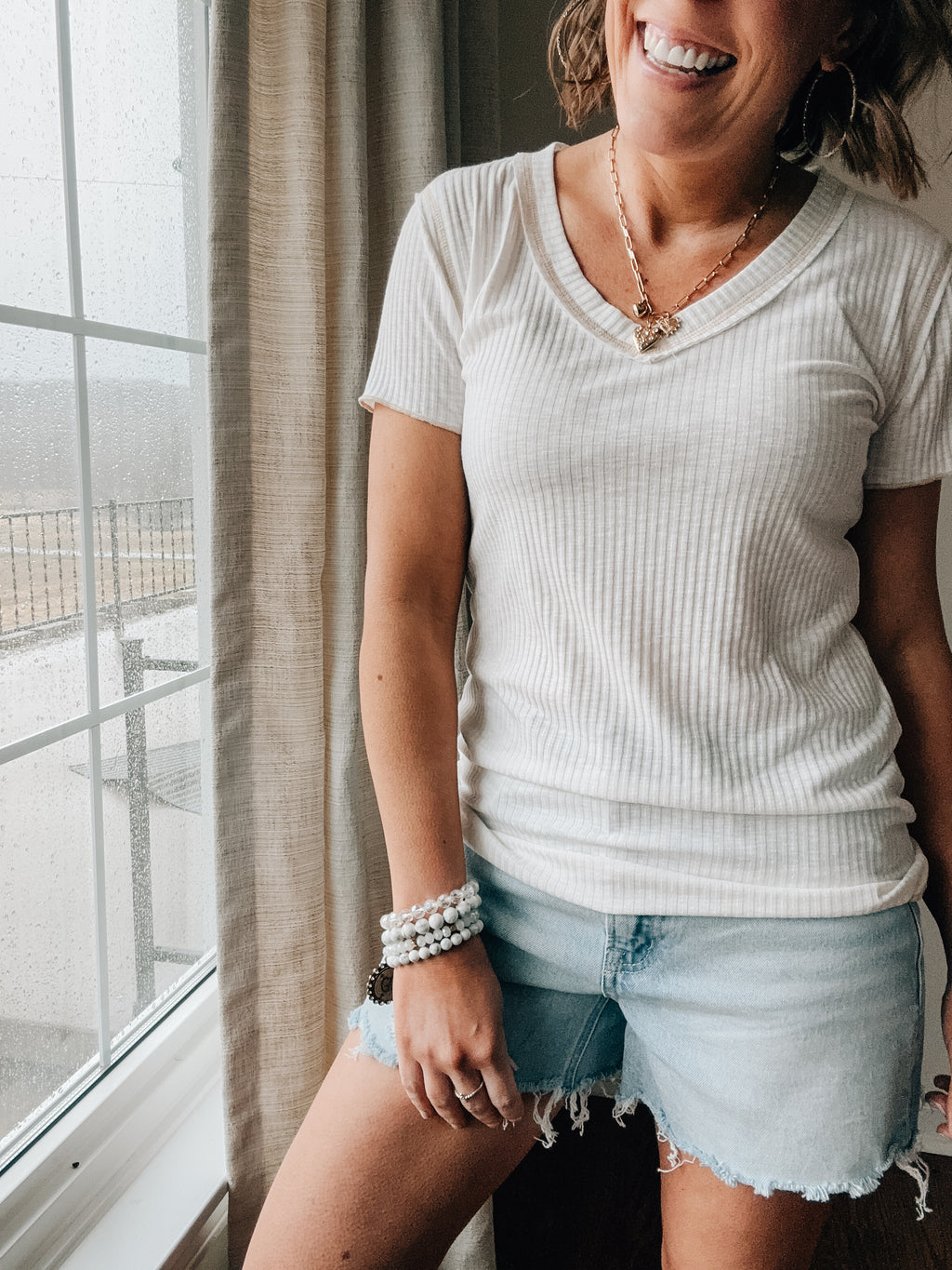 V Neck Ribbed Contrast Stitch Tee