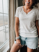 V Neck Ribbed Contrast Stitch Tee