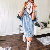 Denim Diva energy meets versatile style. This batwing beauty shifts from jacket to shirt to dress—layer it over everything or let it stand solo. Medium wash, metal button details, and flattering seam work make it endlessly cool. 