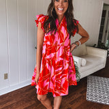 Coral Mix Floral Ruffle Tiered Dress