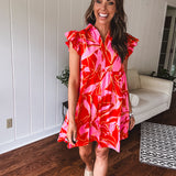 Coral Mix Floral Ruffle Tiered Dress