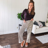  The MIX MATCH LEOPARD STRIPE PANT blends bold brown and cream stripes on one leg with fierce leopard print on the other—all in a soft, denim-like fabric that feels as good as it looks. The elastic back waist keeps you comfy while the button and zipper front keeps things polished. 