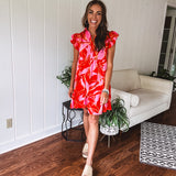 Coral Mix Floral Ruffle Tiered Dress