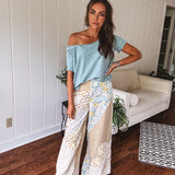 Beige Flower Patch Retro Mix Flare Pant