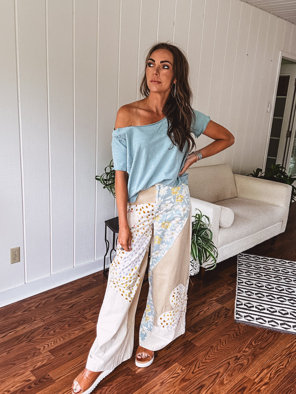 Beige Flower Patch Retro Mix Flare Pant
