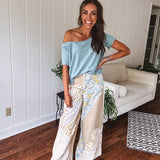 Beige Flower Patch Retro Mix Flare Pant