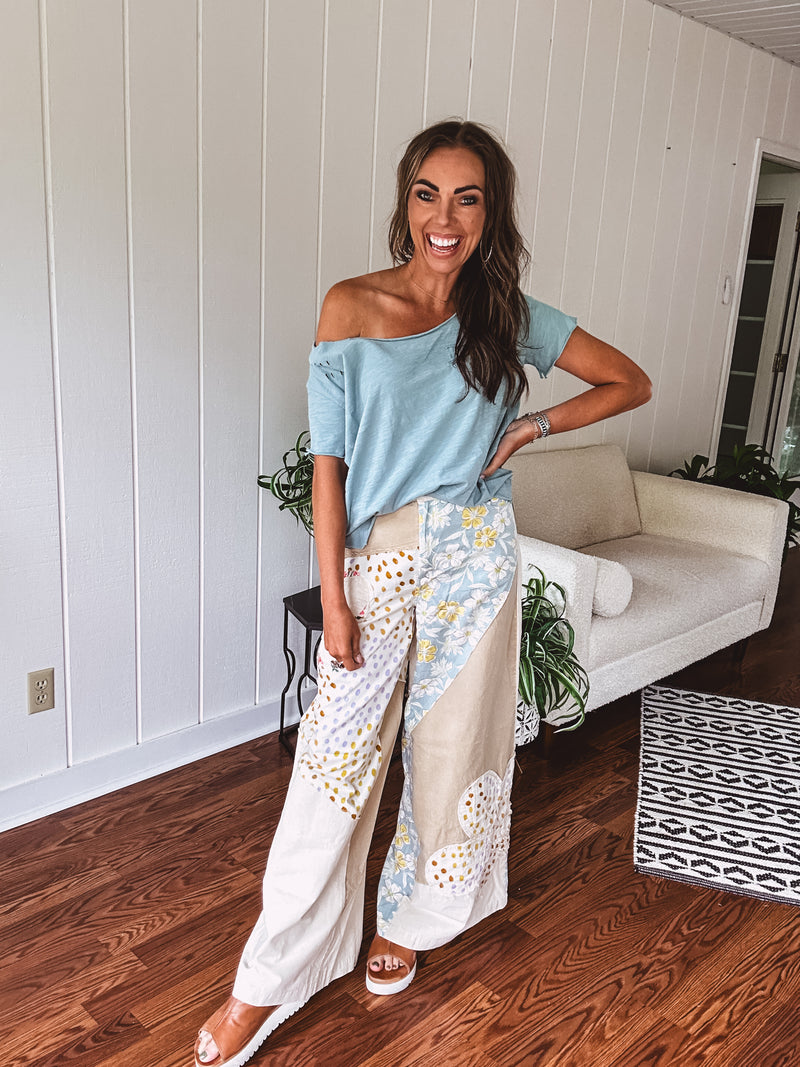 Beige Flower Patch Retro Mix Flare Pant