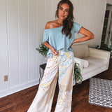 Beige Flower Patch Retro Mix Flare Pant