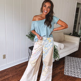 Beige Flower Patch Retro Mix Flare Pant