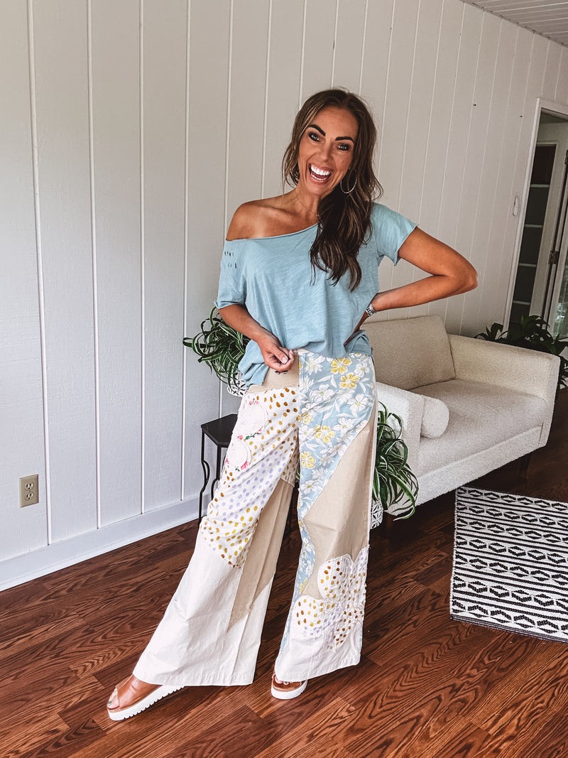 Beige Flower Patch Retro Mix Flare Pant