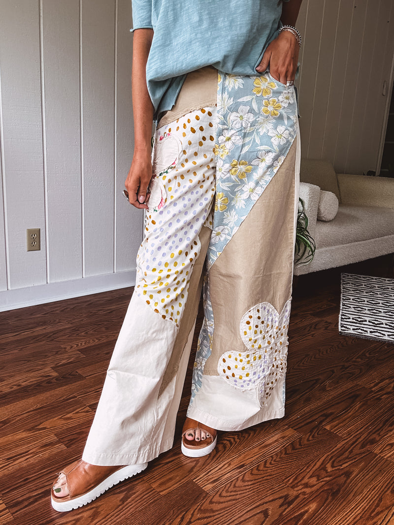 Beige Flower Patch Retro Mix Flare Pant