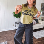 Washed olive tank with bold black "Addicted to Rock & Roll" graphic and shorter hemline. 100% Cotton.