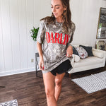 Light camo cotton tee with a bold, contrasting red "DARLIN'" graphic