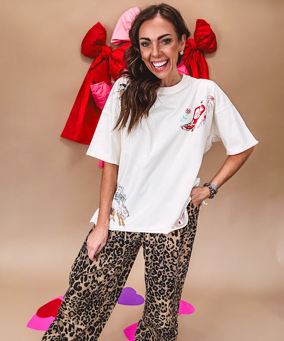 Taupe and black leo joggers with drawstring waist and wide leg.