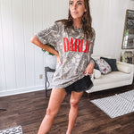 Light camo cotton tee with a bold, contrasting red "DARLIN'" graphic