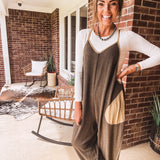 Washed Olive Thermal Jumpsuit Contrast Pocket