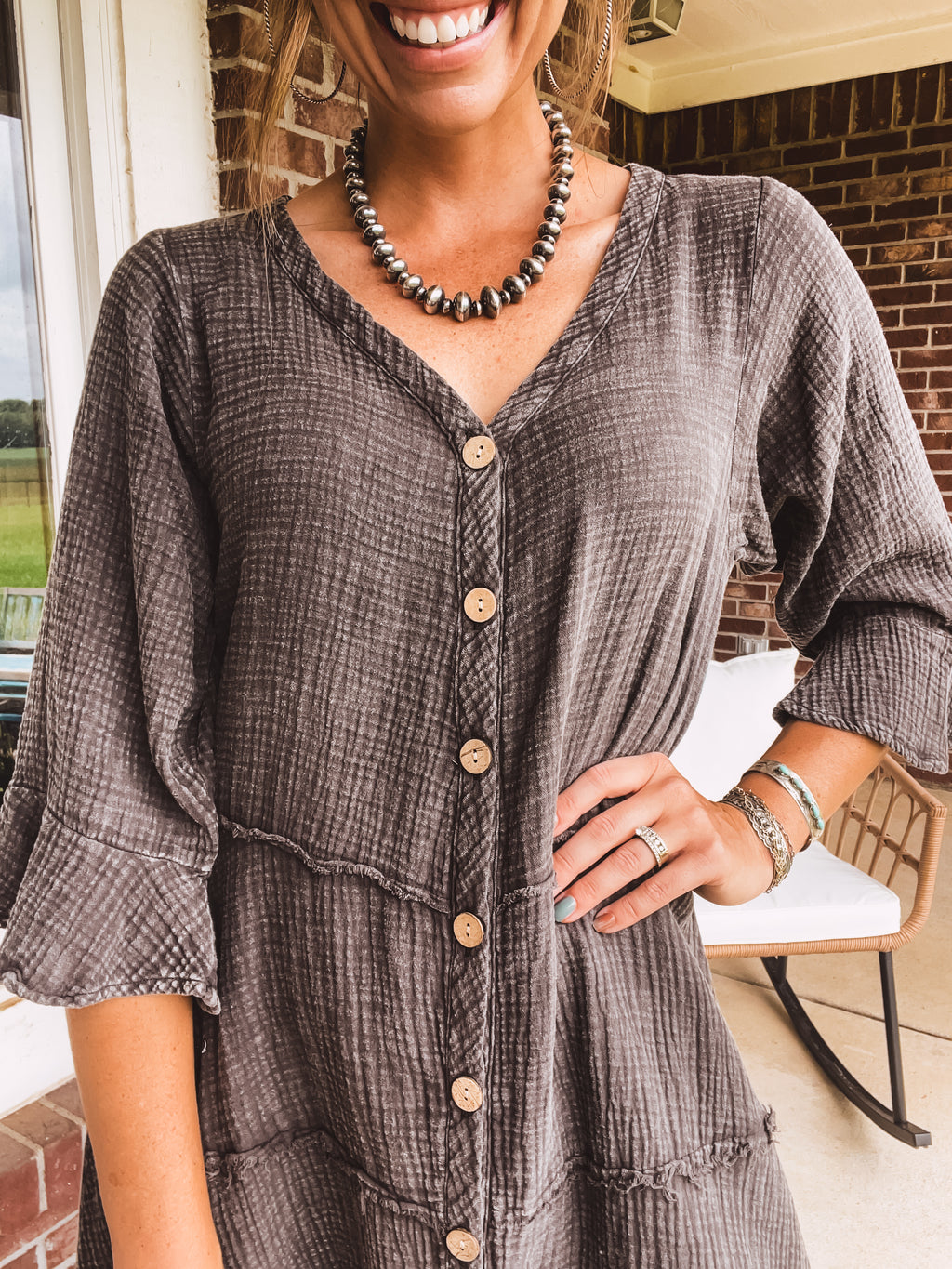 Ash Mineral Wash Cotton Button Front Dress