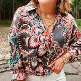 Taupe Bold Paisley Geo Print Button Up