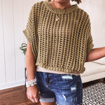 Open weave short sleeved waist length sweater available in many colors.