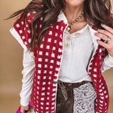 Burgundy and ivory window pane checkered sherpa vest with zipper front.