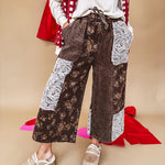 brown corduroy wide-leg pants with floral jacquard lace patchwork with drawstring waist.