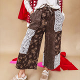 brown corduroy wide-leg pants with floral jacquard lace patchwork with drawstring waist.