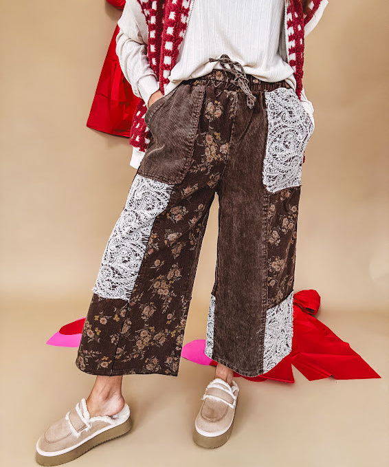 brown corduroy wide-leg pants with floral jacquard lace patchwork with drawstring waist.
