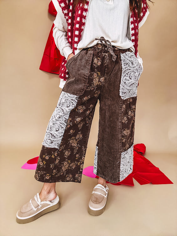 brown corduroy wide-leg pants with floral jacquard lace patchwork with drawstring waist.