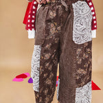 brown corduroy wide-leg pants with floral jacquard lace patchwork with drawstring waist.