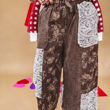brown corduroy wide-leg pants with floral jacquard lace patchwork with drawstring waist.