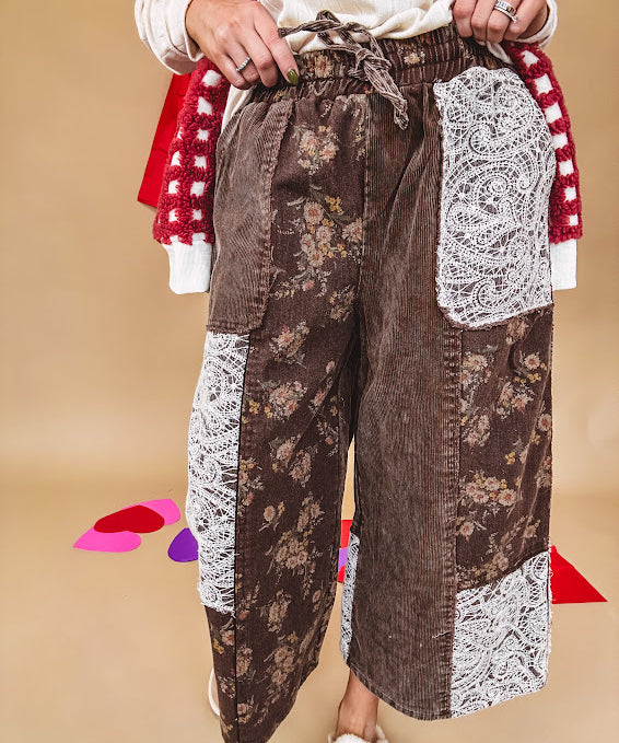 brown corduroy wide-leg pants with floral jacquard lace patchwork with drawstring waist.