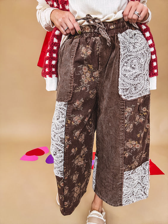 brown corduroy wide-leg pants with floral jacquard lace patchwork with drawstring waist.