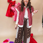brown corduroy wide-leg pants with floral jacquard lace patchwork with drawstring waist.