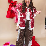 brown corduroy wide-leg pants with floral jacquard lace patchwork with drawstring waist.
