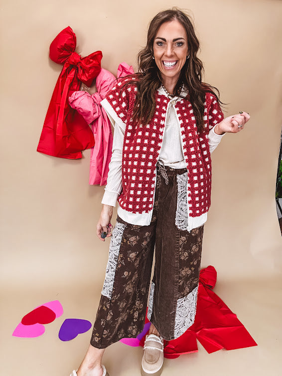 brown corduroy wide-leg pants with floral jacquard lace patchwork with drawstring waist.