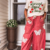 Red Stripe Butterfly Boho Patch Barrel Pant