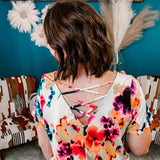 Ivory + Neon Pink Floral Top with Criss Cross Back