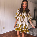 Mustard Green Tribal Tiered Dress