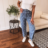 Light Denim Bow Print Straight Leg Denim
