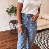 Light Denim Bow Print Straight Leg Denim