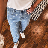 Light Denim Bow Print Straight Leg Denim