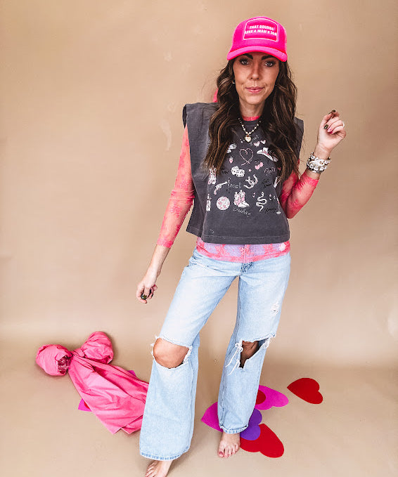 Charcoal cropped sleeveless tee with pink and white cowboy graphics on the front.