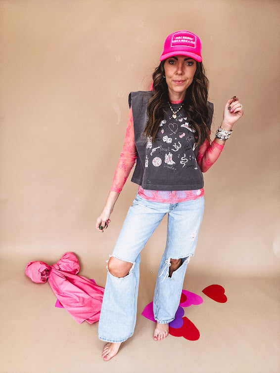 Charcoal cropped sleeveless tee with pink and white cowboy graphics on the front.