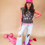 Bubblegum pink sheer long sleeved mesh with floral clusters throughout.