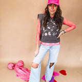 Bubblegum pink sheer long sleeved mesh with floral clusters throughout.