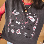 Charcoal cropped sleeveless tee with pink and white cowboy graphics on the front.