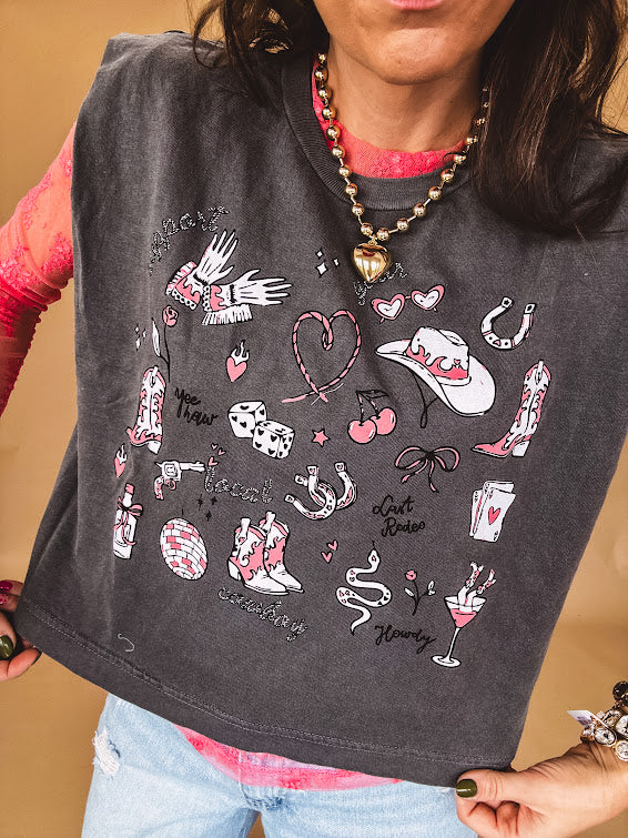 Charcoal cropped sleeveless tee with pink and white cowboy graphics on the front.