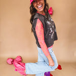 Bubblegum pink sheer long sleeved mesh with floral clusters throughout.