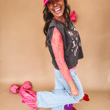 Bubblegum pink sheer long sleeved mesh with floral clusters throughout.