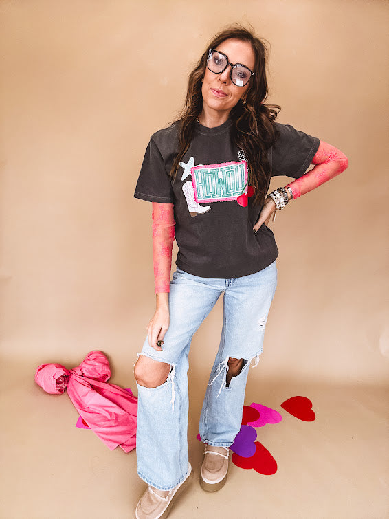 Bubblegum pink sheer long sleeved mesh with floral clusters throughout.